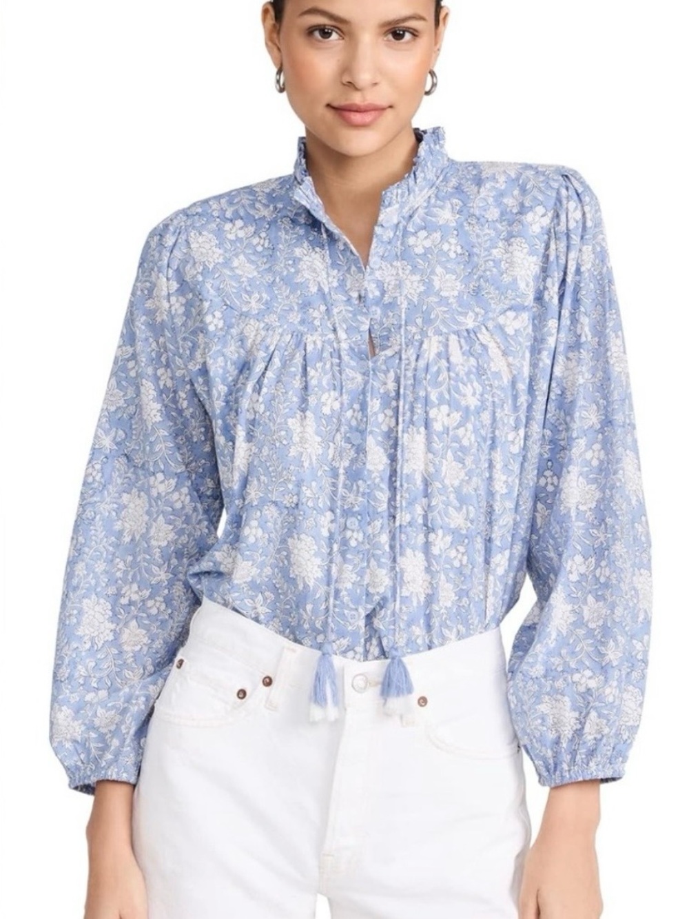 Blue Floral Tassel-Peasant Blouse by